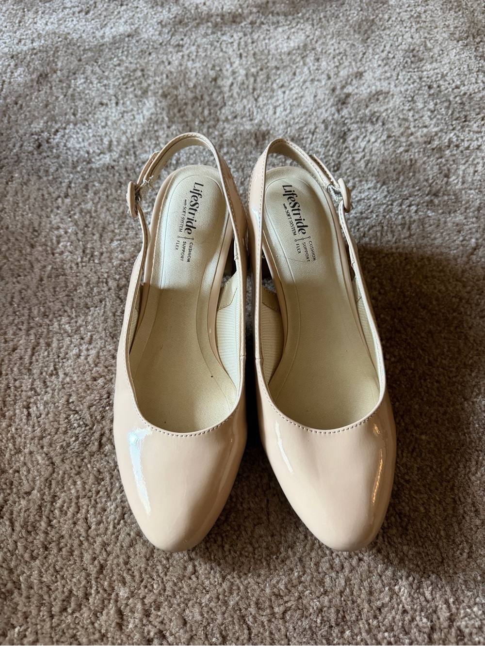 Life Stride Beige Patent Slingback Heels